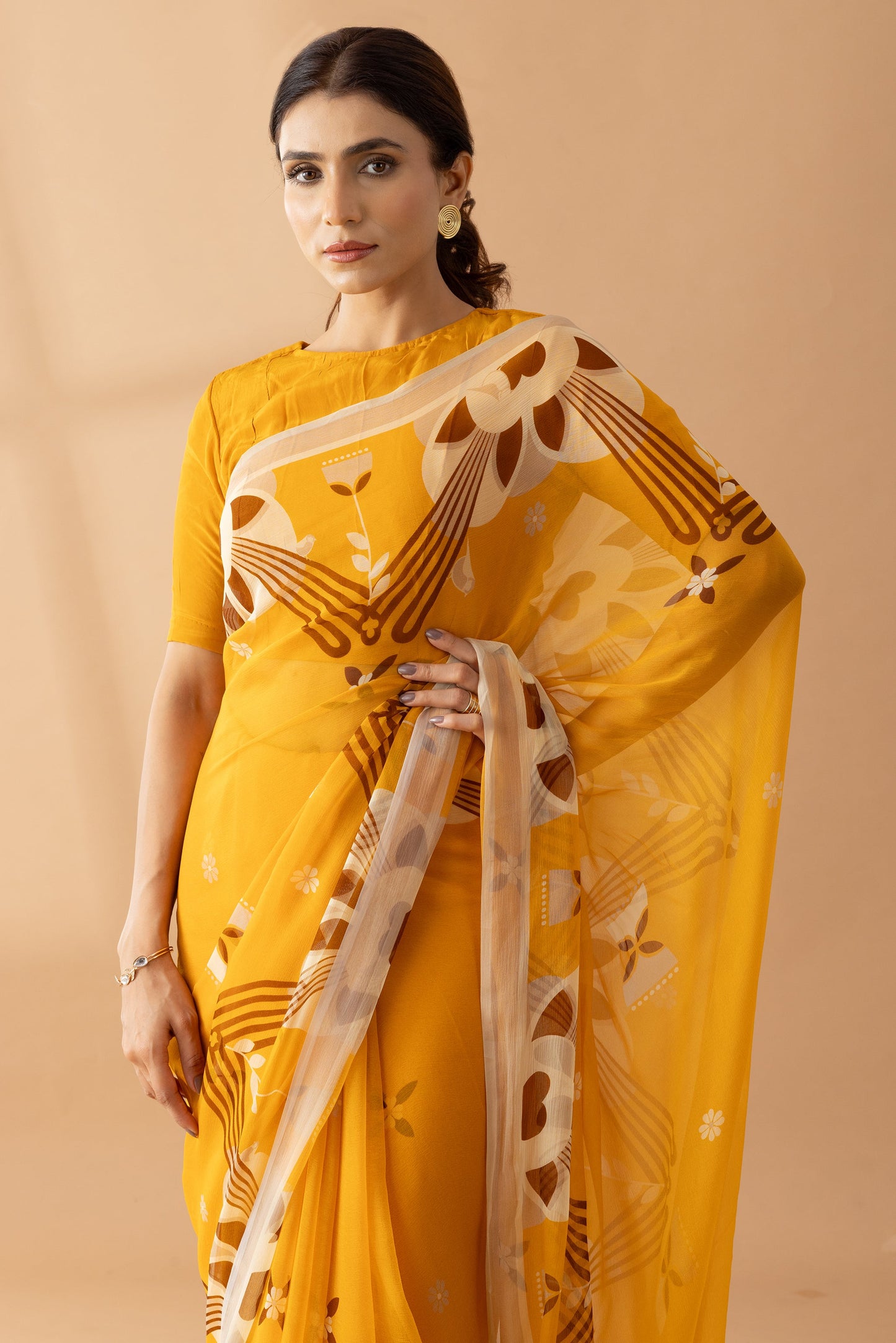 Majestic Peaks Mustard Printed Chiffon Saree