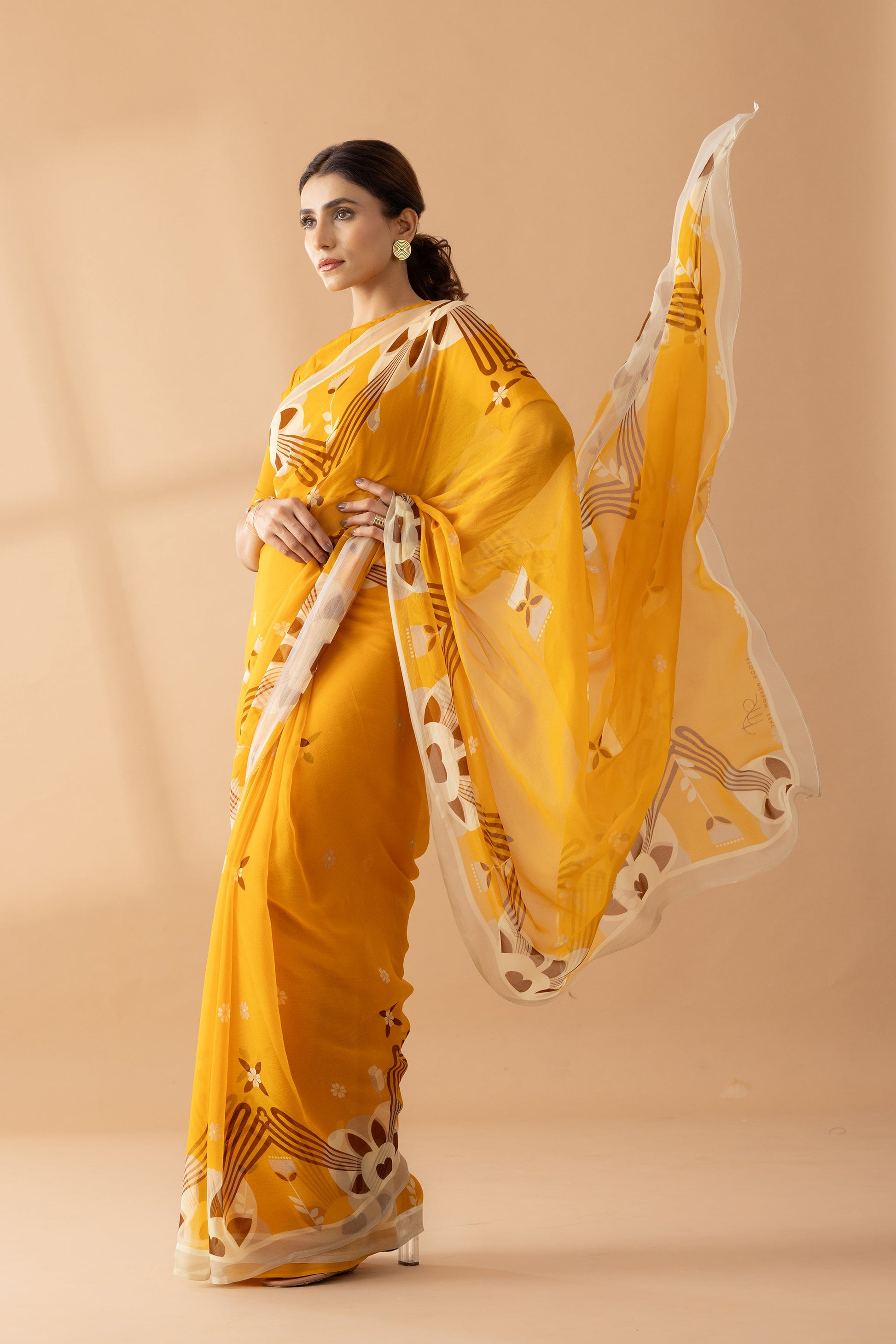 Majestic Peaks Mustard Printed Chiffon Saree