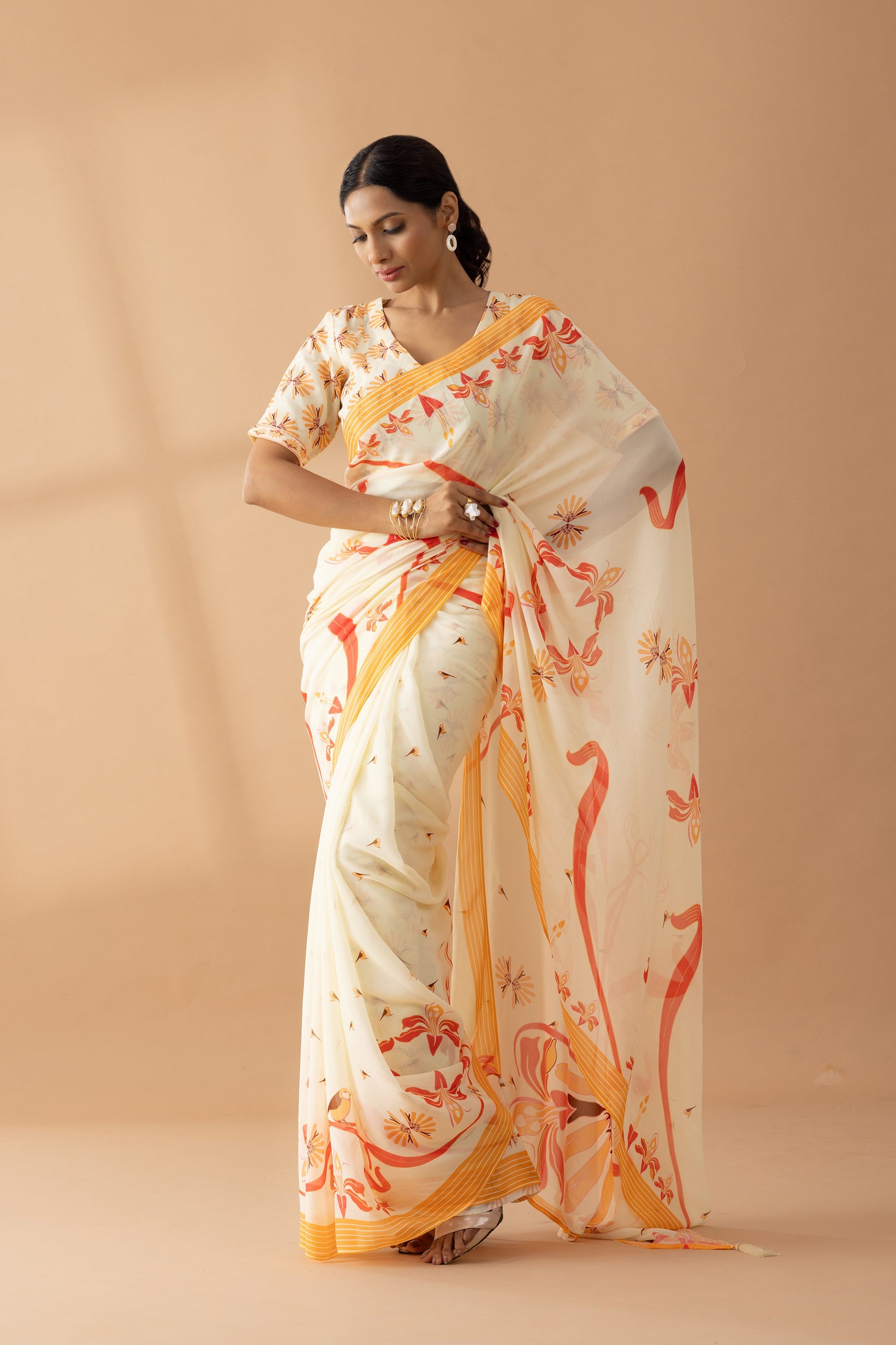 Kaleidoscope Carnival Ivory Printed Georgette Saree