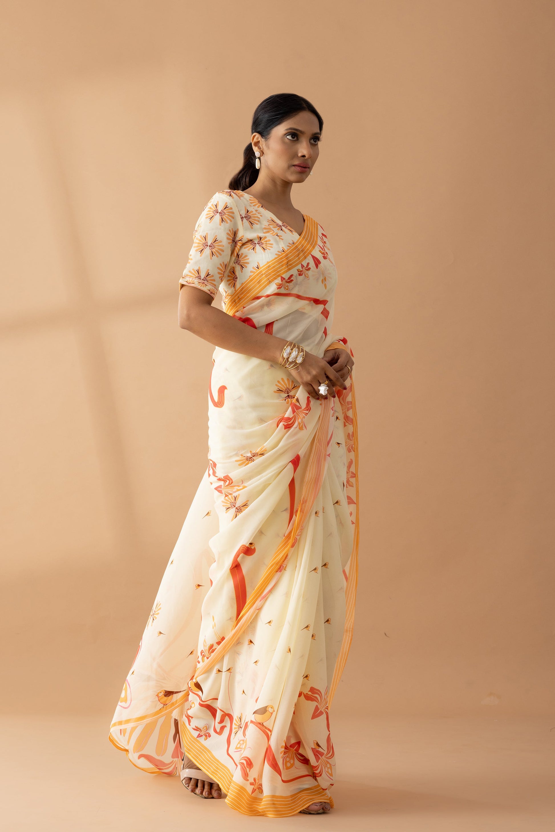 Kaleidoscope Carnival Ivory Printed Georgette Saree