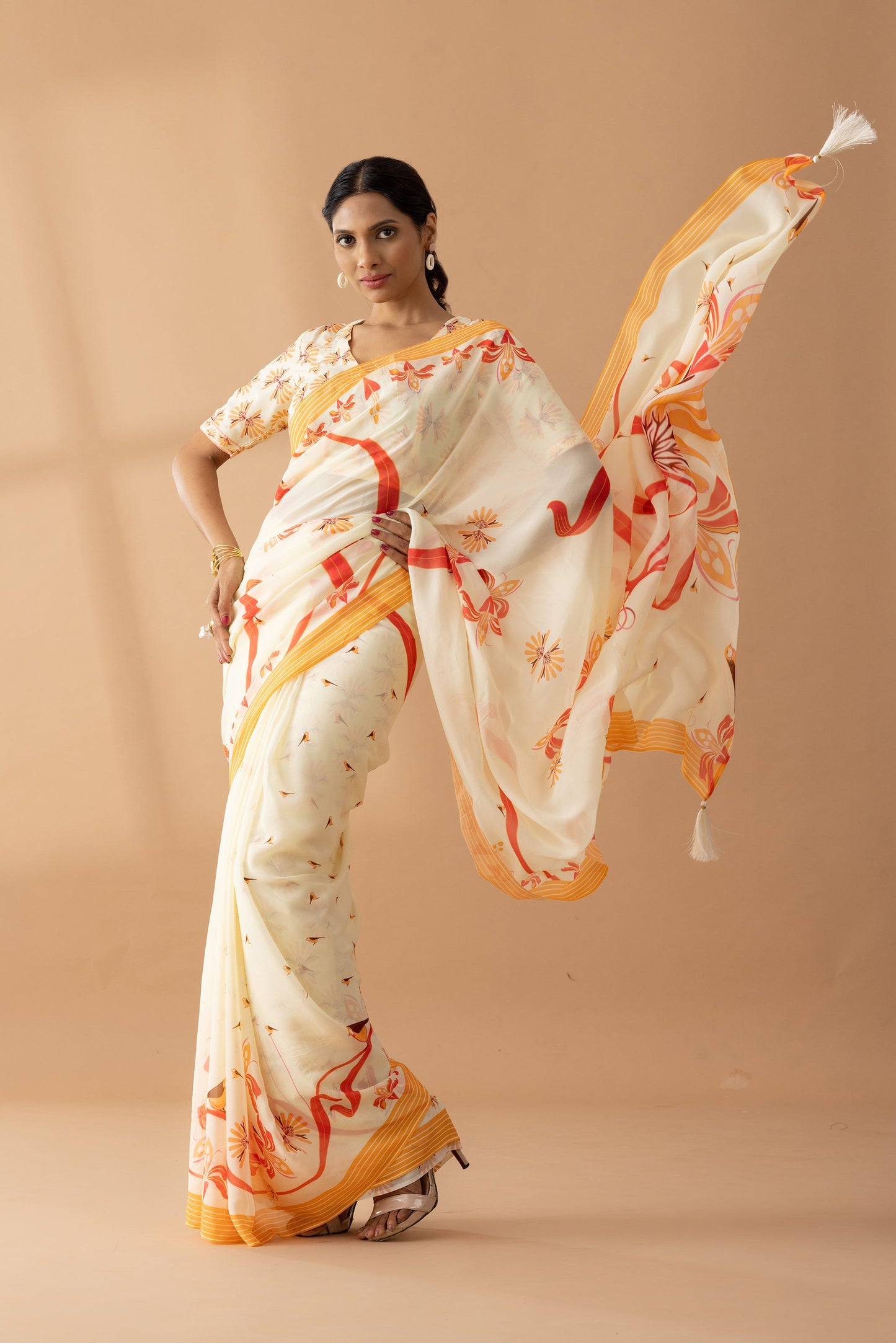 Kaleidoscope Carnival Ivory Printed Georgette Saree