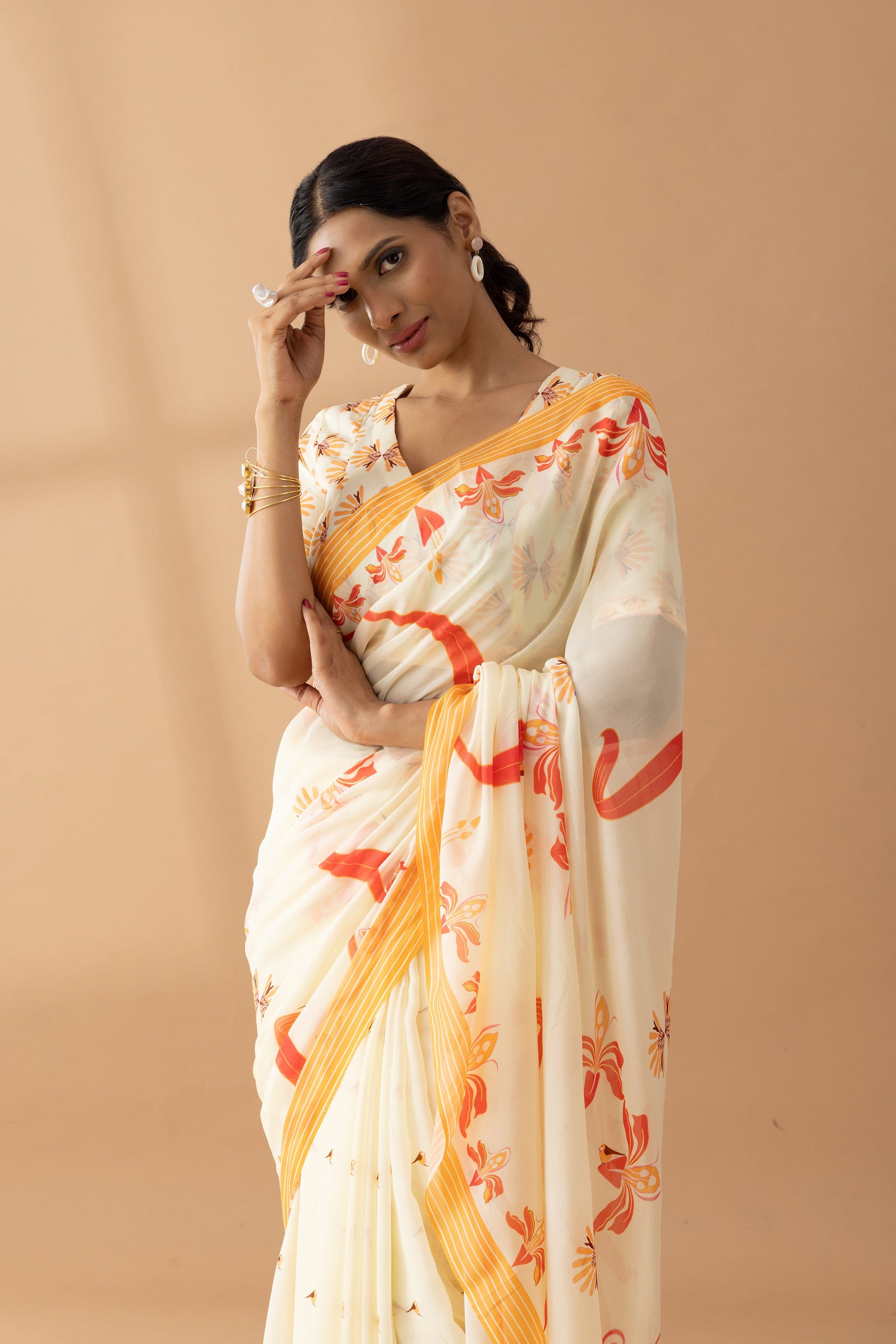 Kaleidoscope Carnival Ivory Printed Georgette Saree