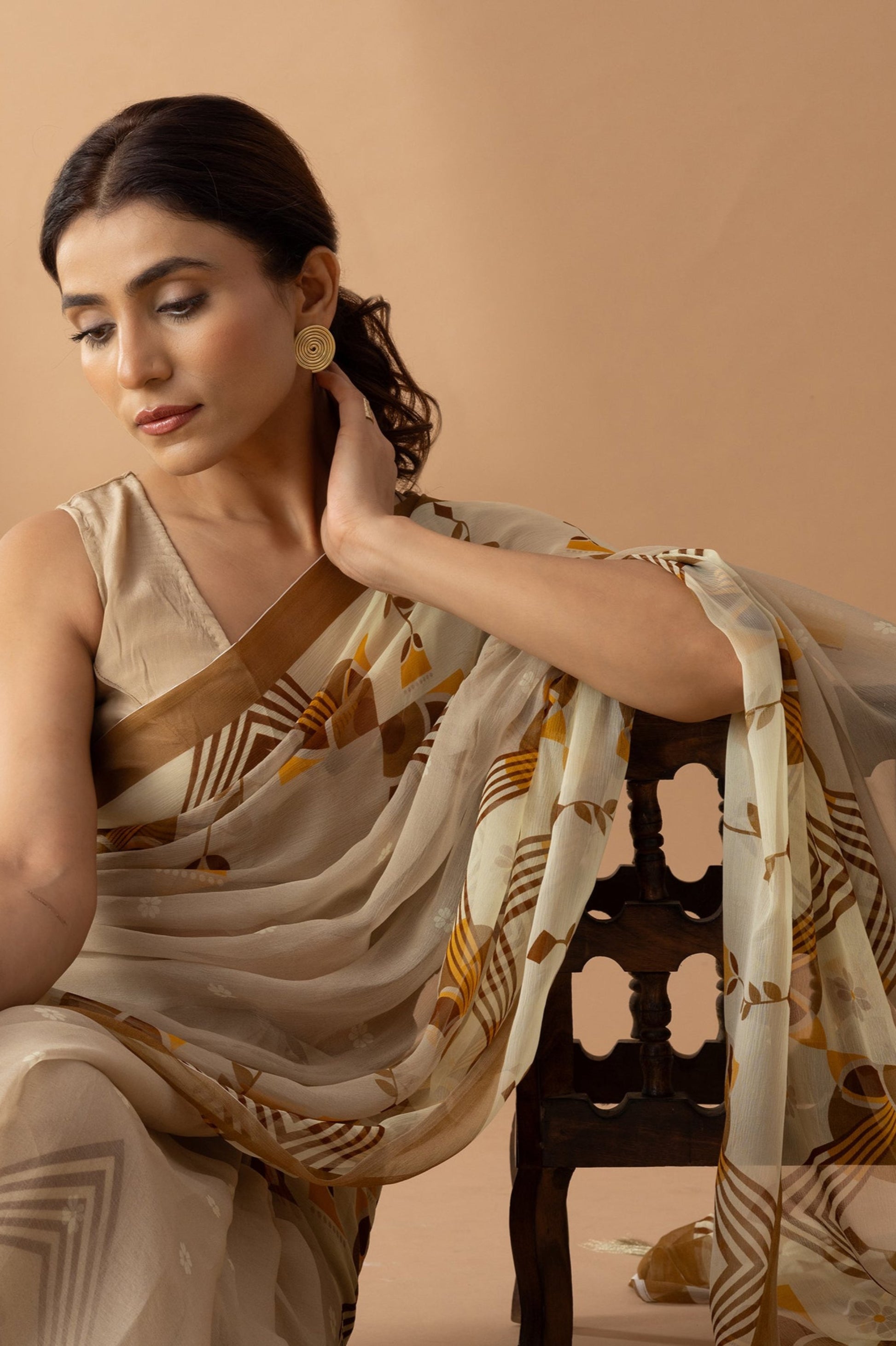 Desert Mirage Beige Printed Chiffon Saree