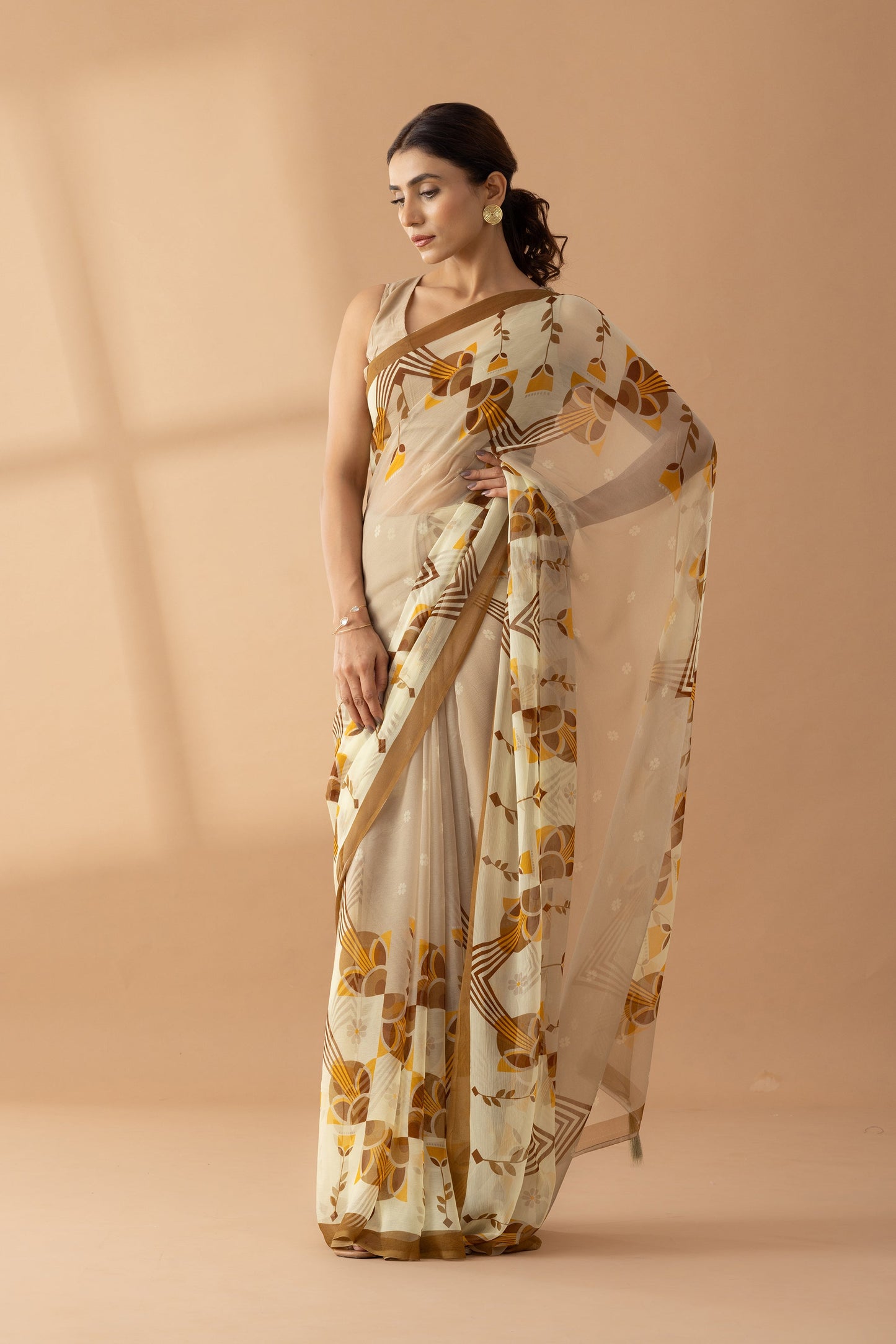 Desert Mirage Beige Printed Chiffon Saree