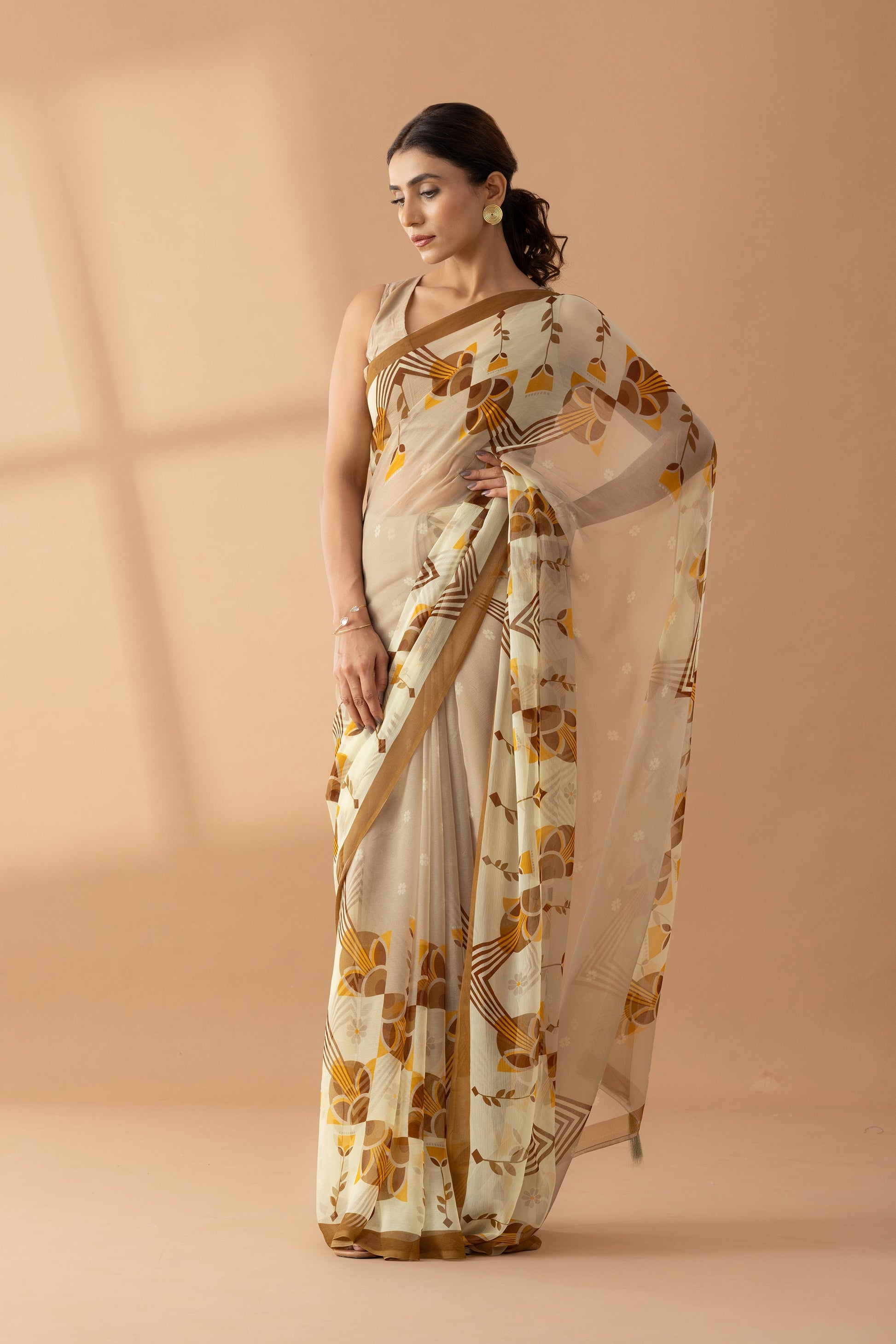 Desert Mirage Beige Printed Chiffon Saree