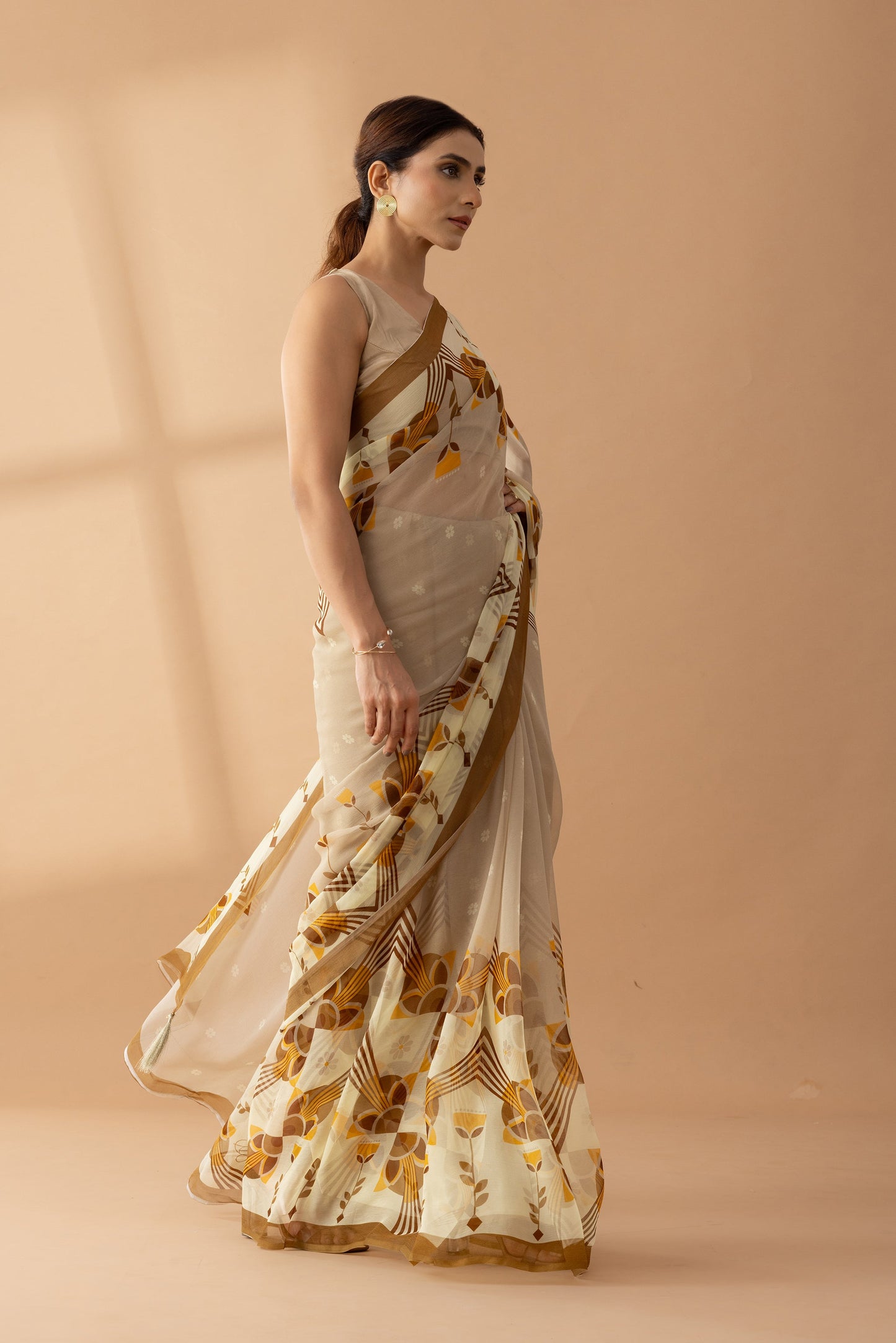 Desert Mirage Beige Printed Chiffon Saree