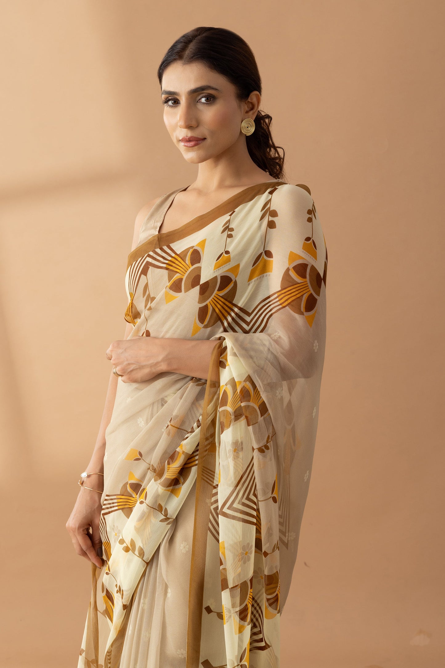 Desert Mirage Beige Printed Chiffon Saree