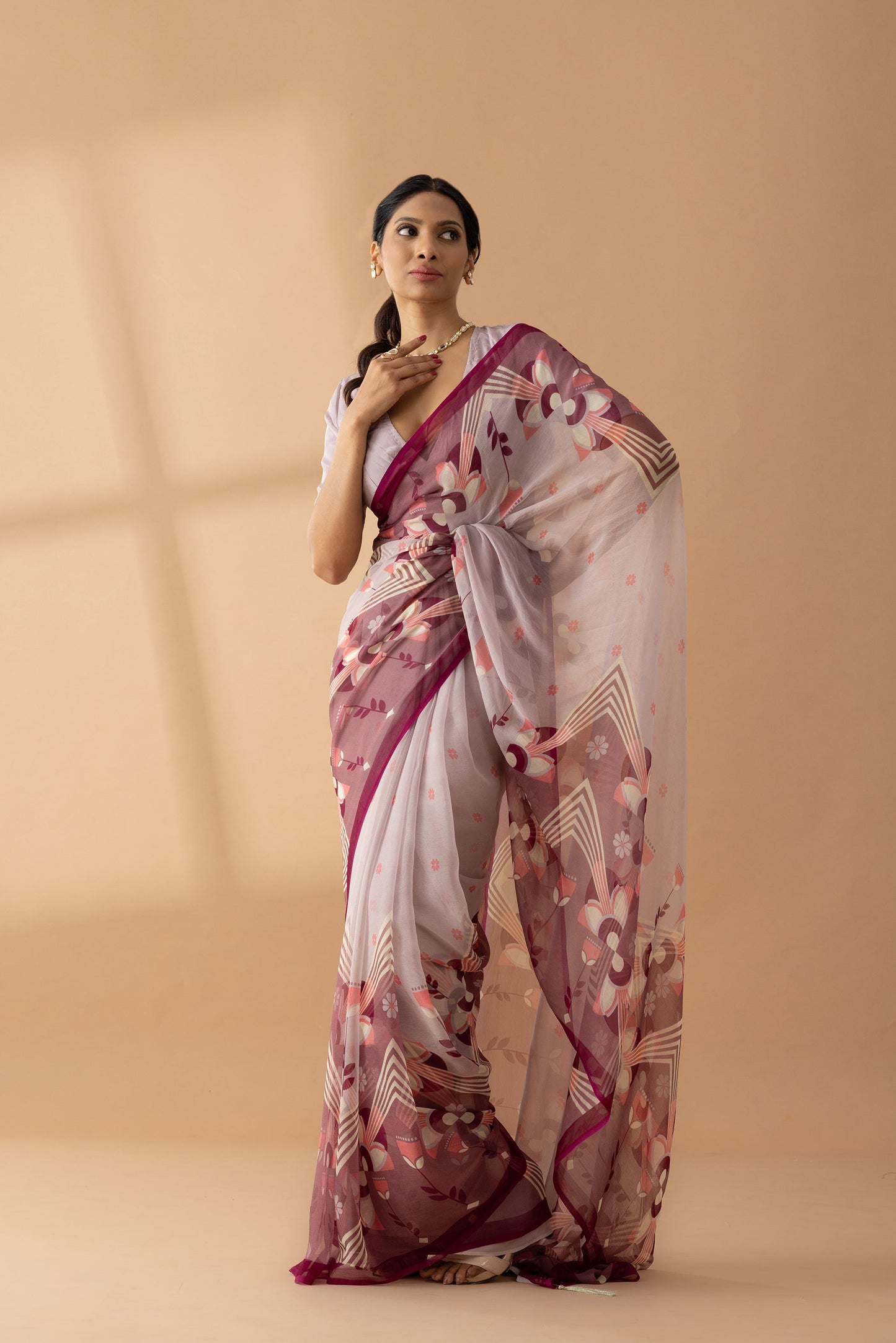 Desert Mirage Mauve Printed Chiffon Saree