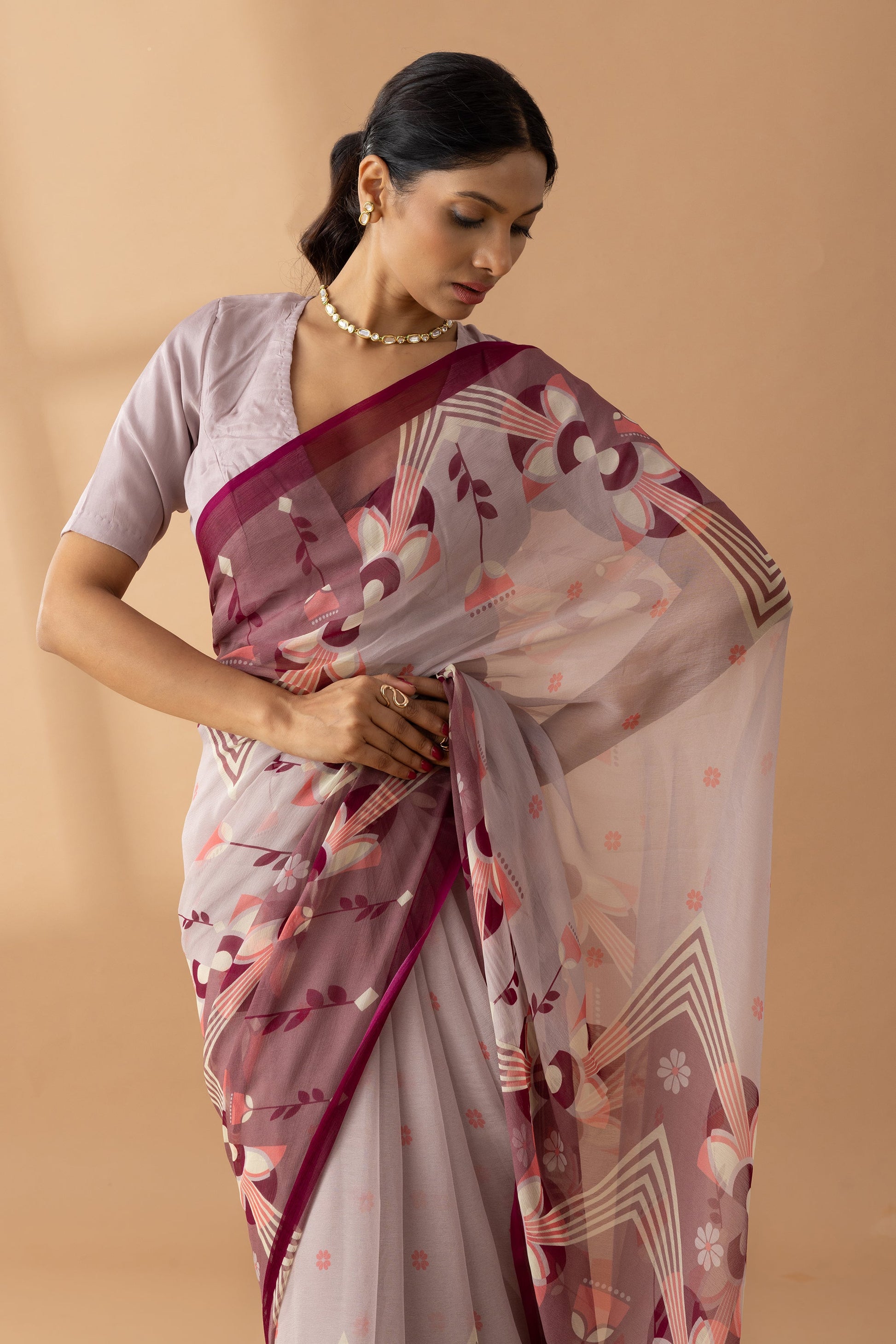 Desert Mirage Mauve Printed Chiffon Saree