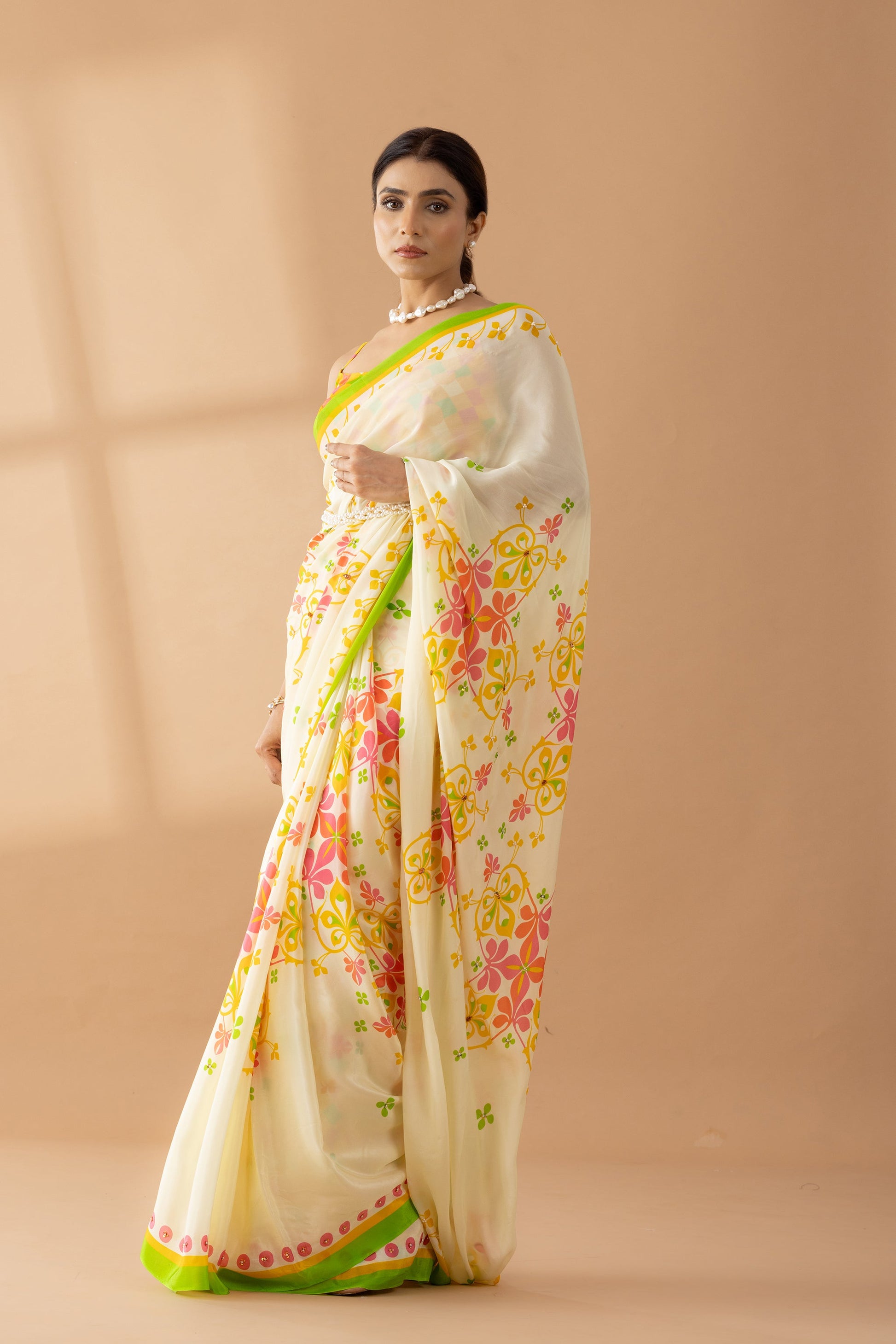 Cream Floral Printed & Embroidered Crepe Designer Saree