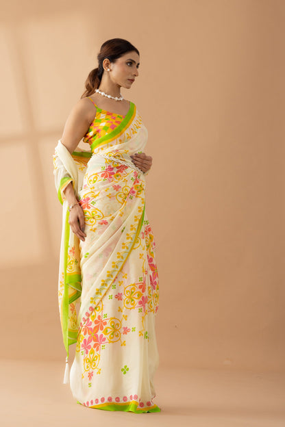 Cream Floral Printed & Embroidered Crepe Designer Saree