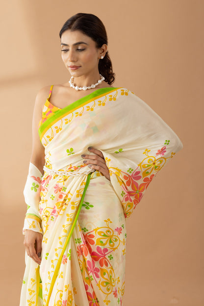 Cream Floral Printed & Embroidered Crepe Designer Saree