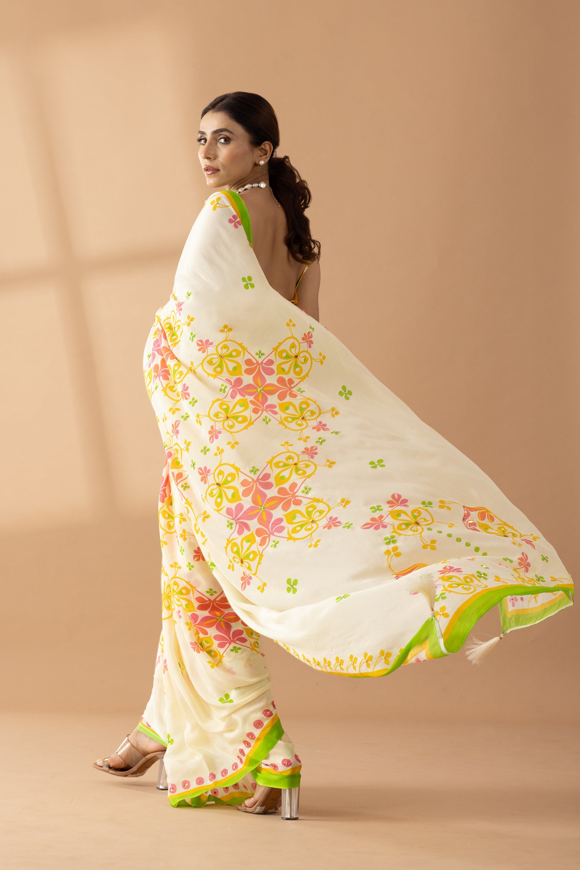 Cream Floral Printed & Embroidered Crepe Designer Saree