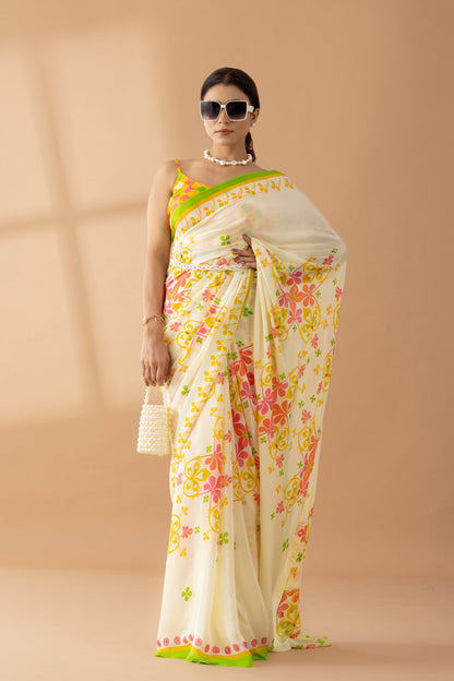 Cream Floral Printed & Embroidered Crepe Designer Saree