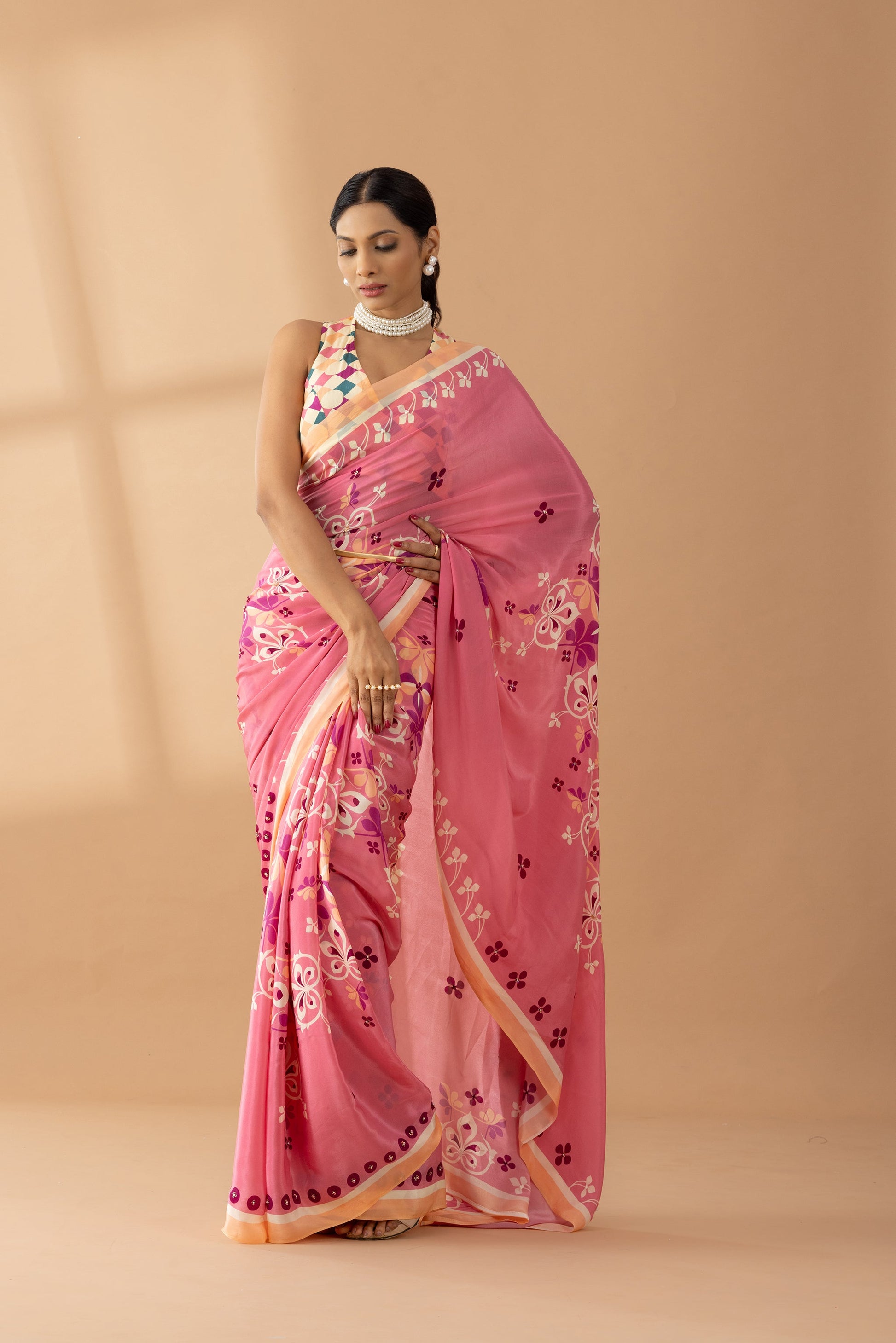 Coral Pink Floral Printed & Embroidered Crepe Designer Saree