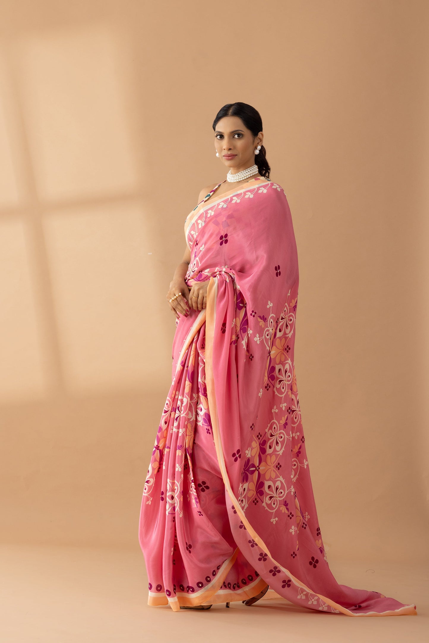 Coral Pink Floral Printed & Embroidered Crepe Designer Saree