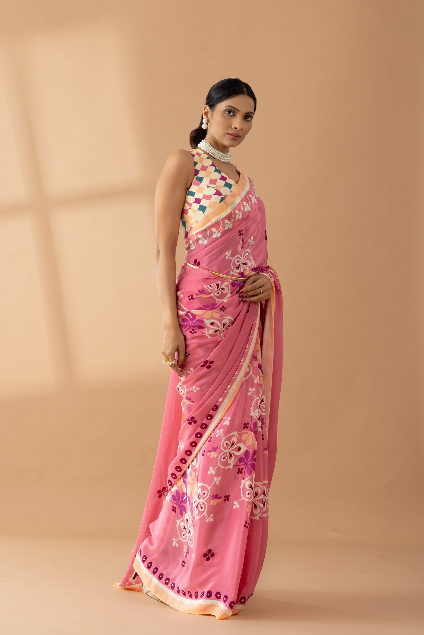 Coral Pink Floral Printed & Embroidered Crepe Designer Saree