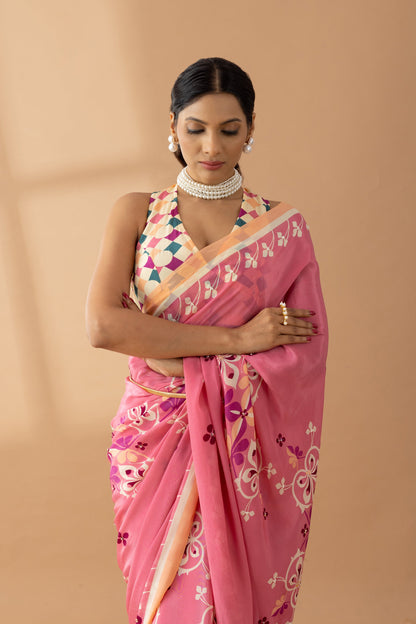 Coral Pink Floral Printed & Embroidered Crepe Designer Saree