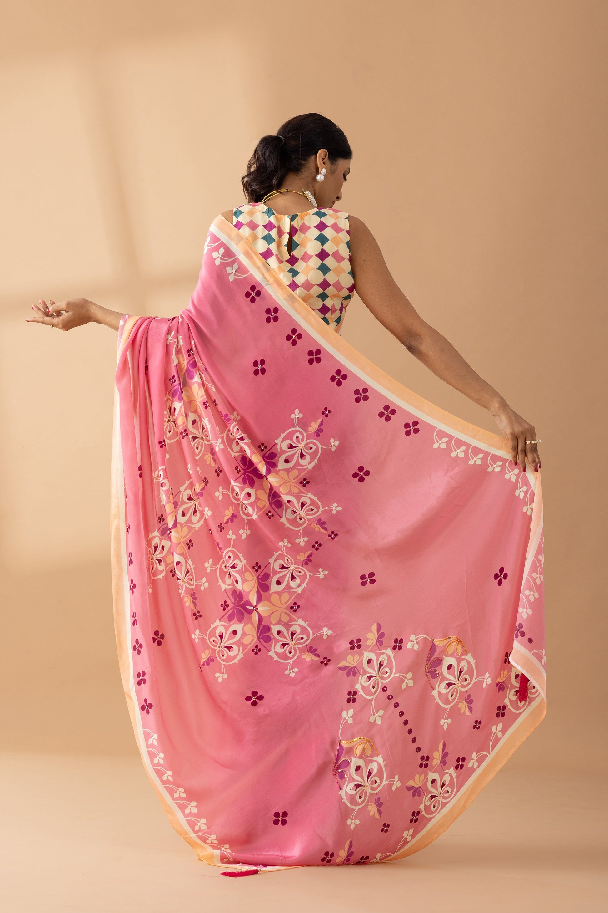 Coral Pink Floral Printed & Embroidered Crepe Designer Saree