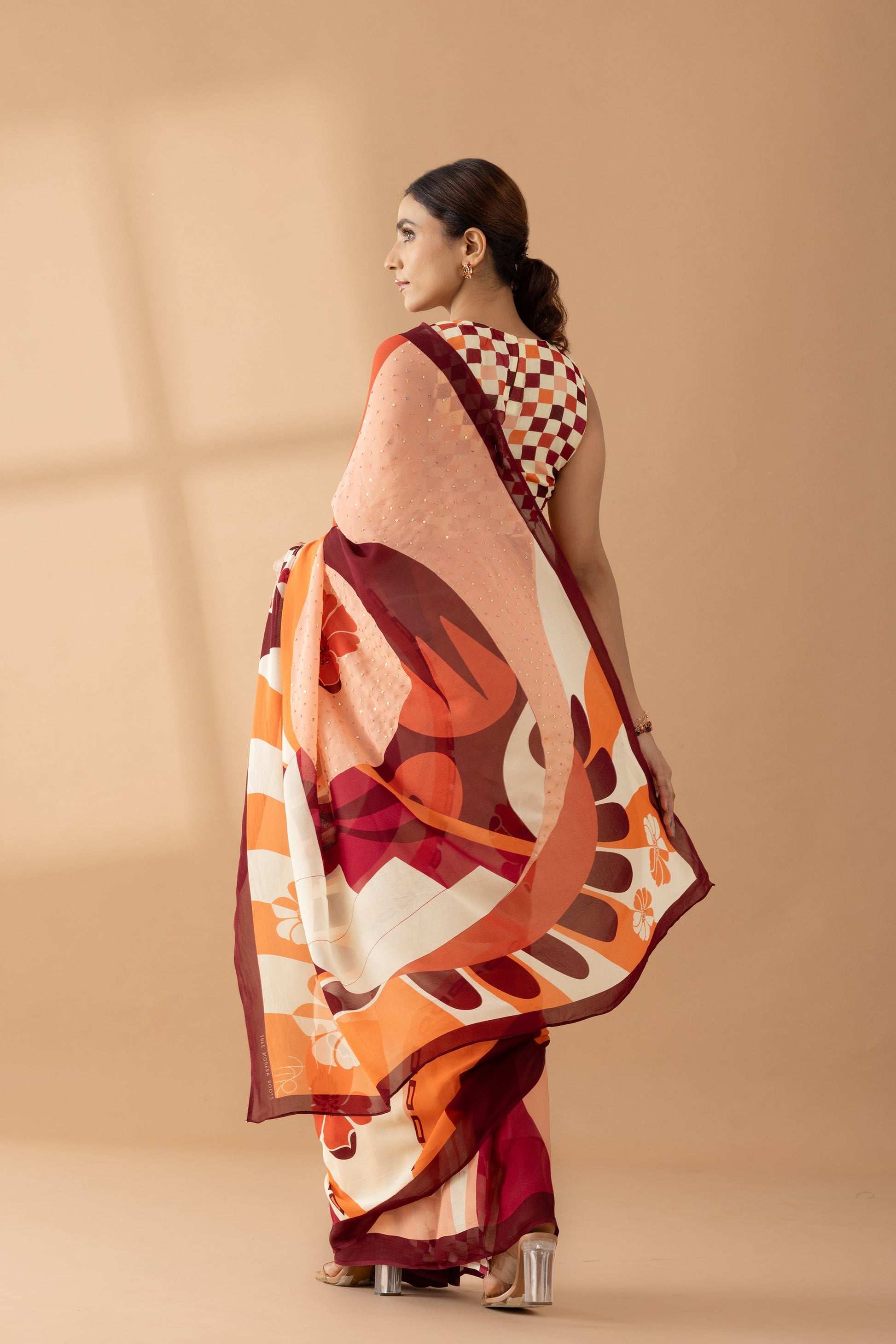 Whimsical Swirls Rust Printed & Embroidered Georgette Saree