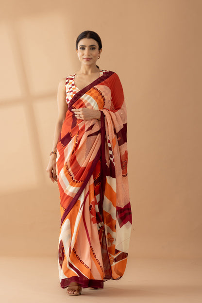 Whimsical Swirls Rust Printed & Embroidered Georgette Saree