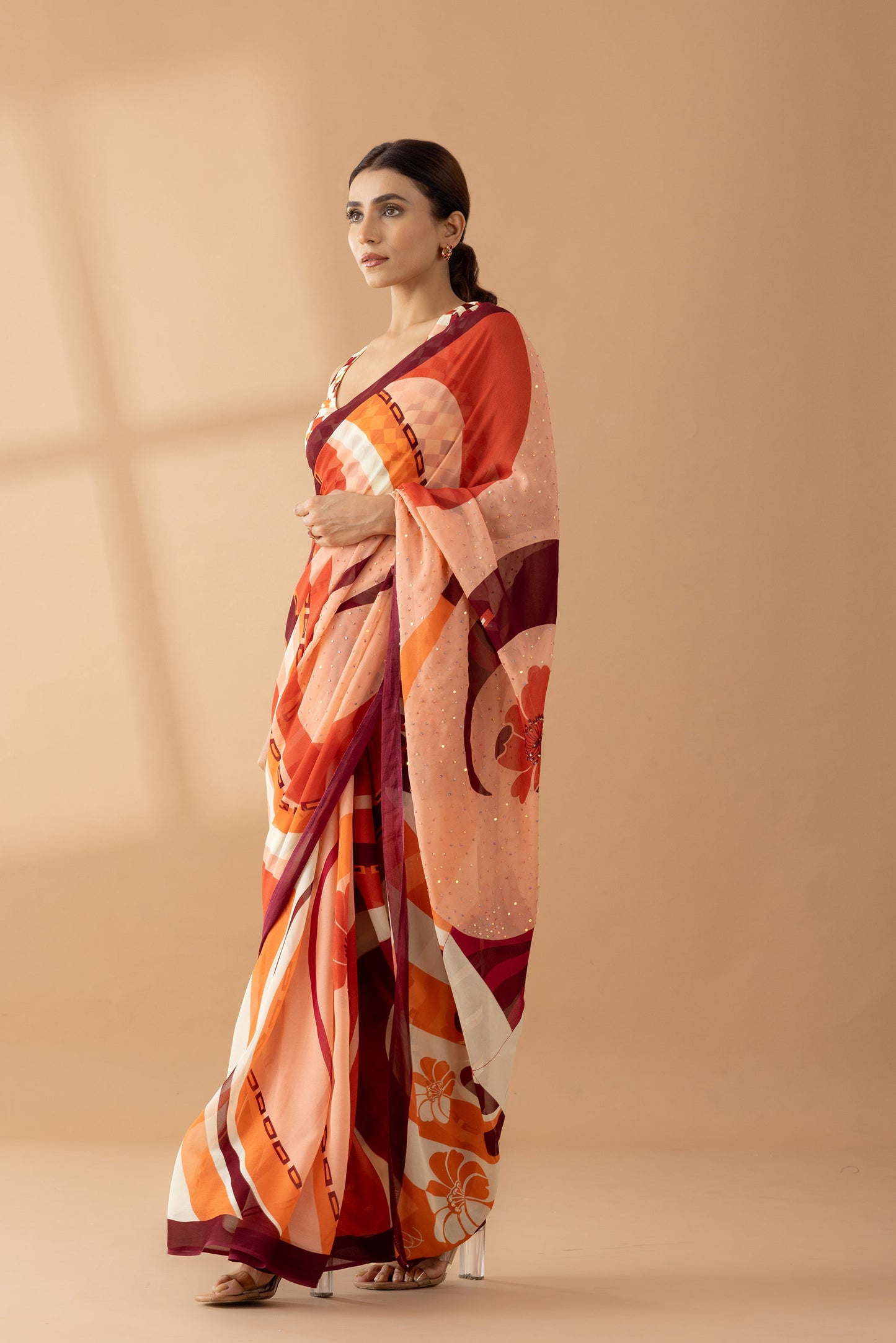 Whimsical Swirls Rust Printed & Embroidered Georgette Saree