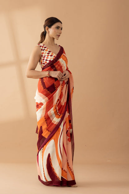 Whimsical Swirls Rust Printed & Embroidered Georgette Saree