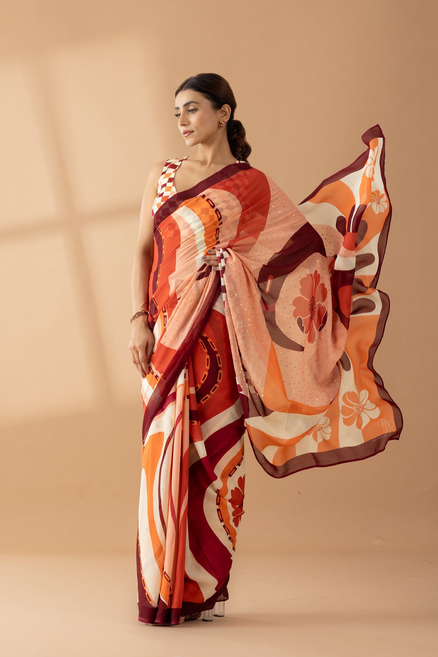 Whimsical Swirls Rust Printed & Embroidered Georgette Saree