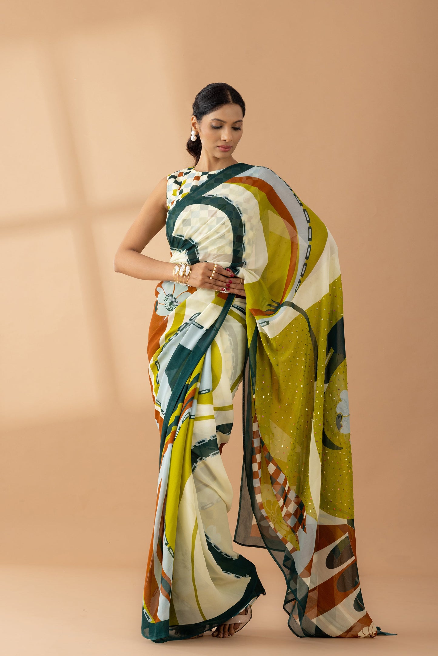 Whimsical Swirls Light Olive Printed & Embroidered Georgette Saree