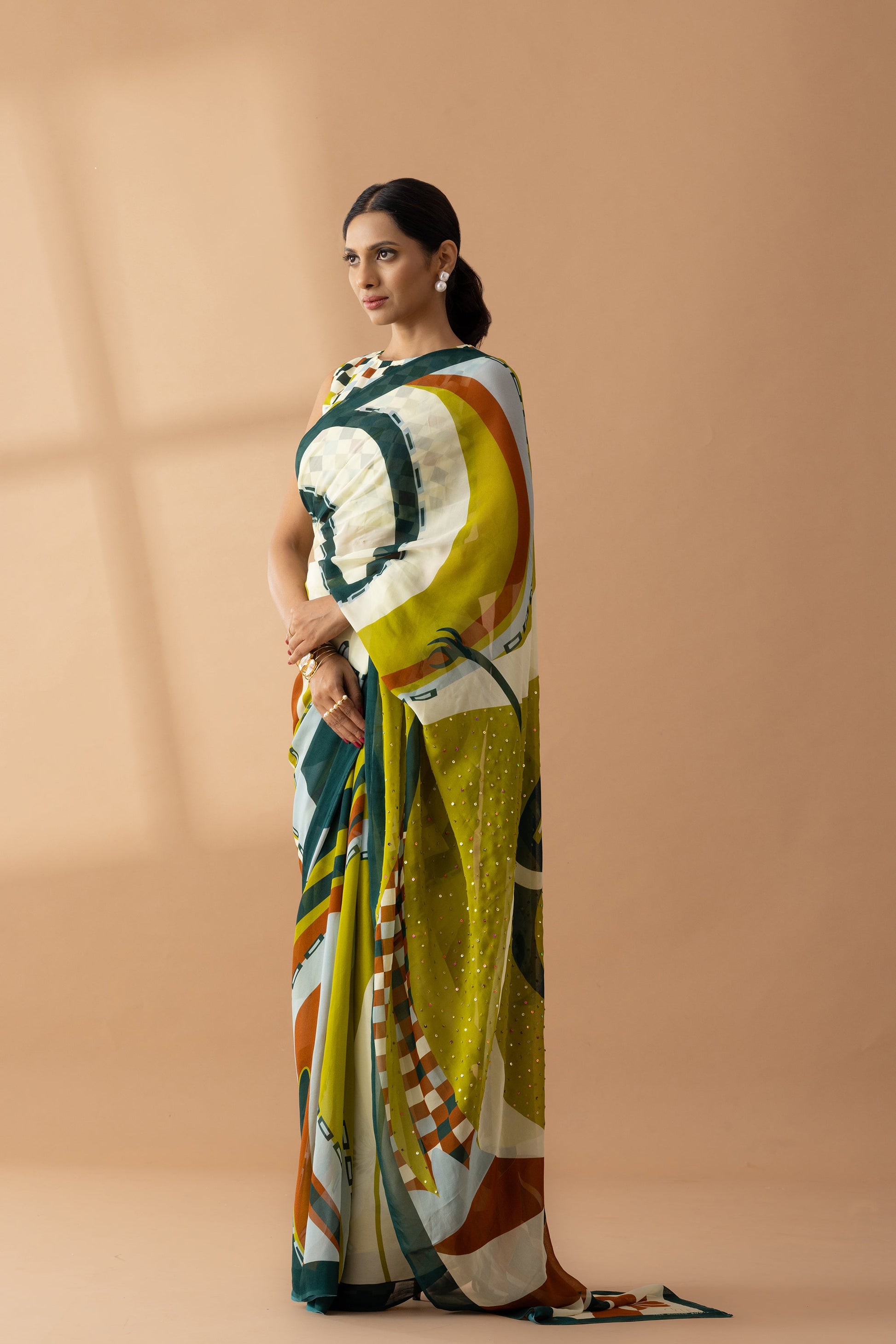 Whimsical Swirls Light Olive Printed & Embroidered Georgette Saree