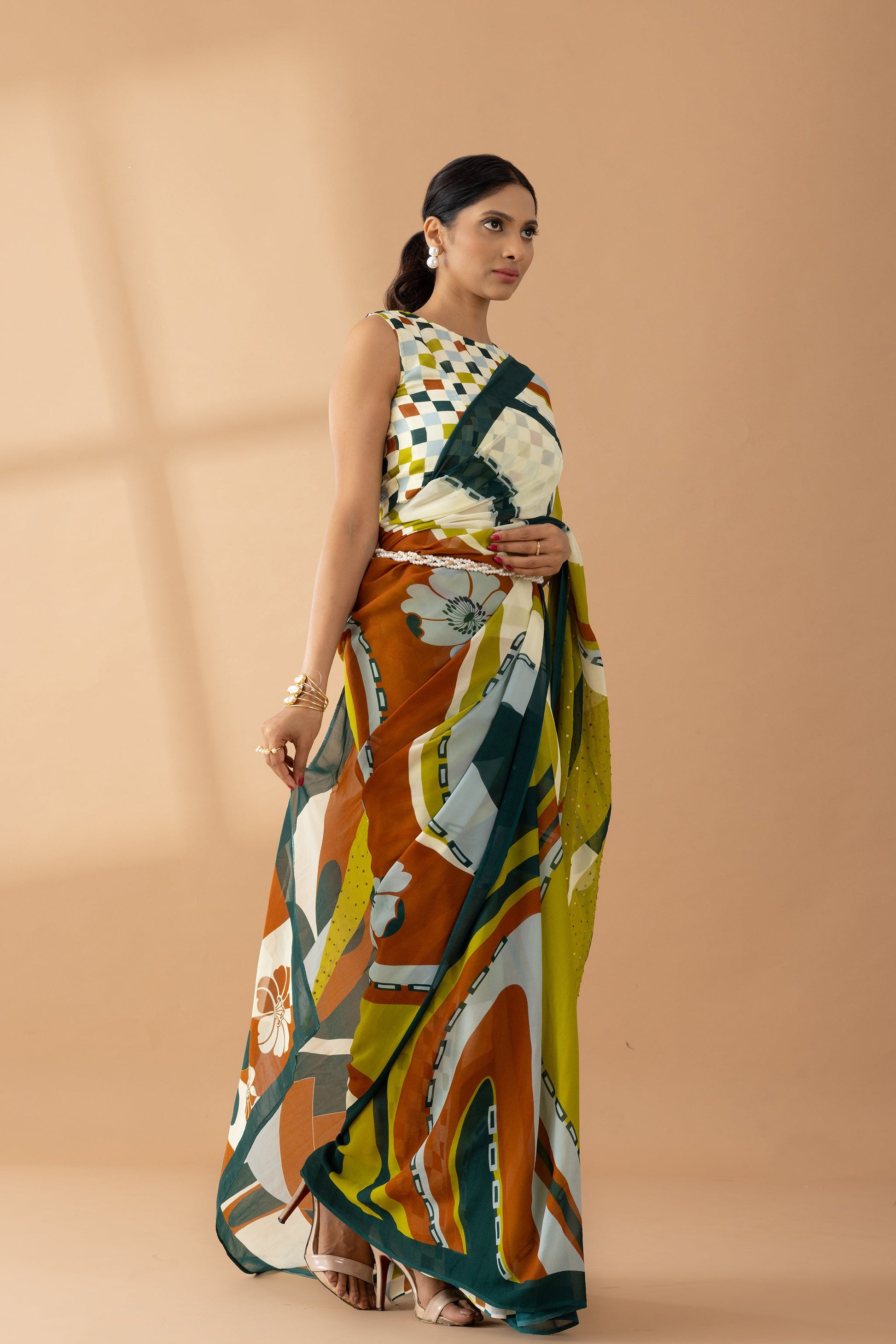 Whimsical Swirls Light Olive Printed & Embroidered Georgette Saree