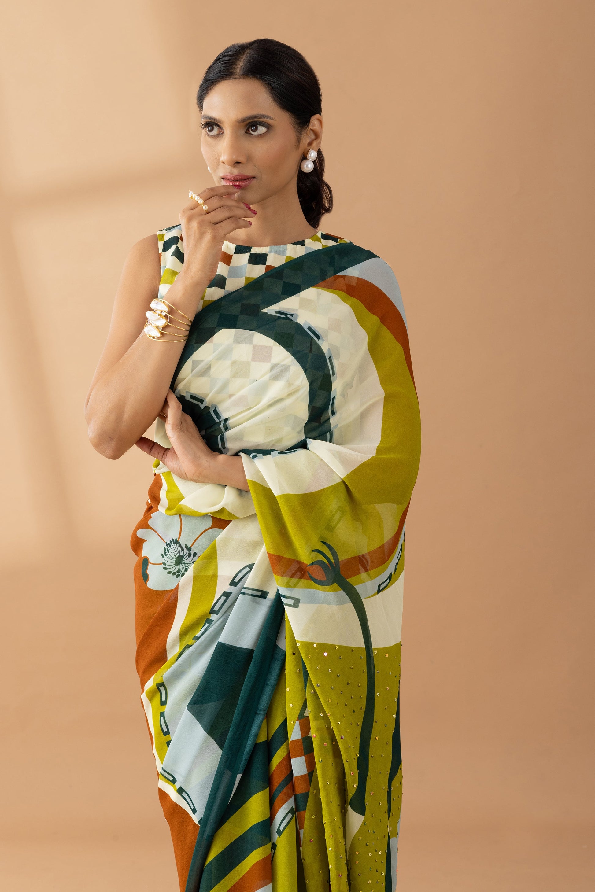 Whimsical Swirls Light Olive Printed & Embroidered Georgette Saree