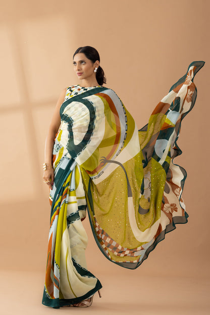 Whimsical Swirls Light Olive Printed & Embroidered Georgette Saree