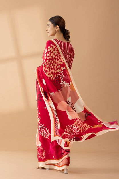 Crimson Red Floral Printed & Embroidered Crepe Party Wear Saree