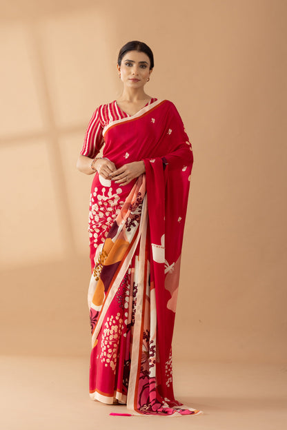 Crimson Red Floral Printed & Embroidered Crepe Party Wear Saree