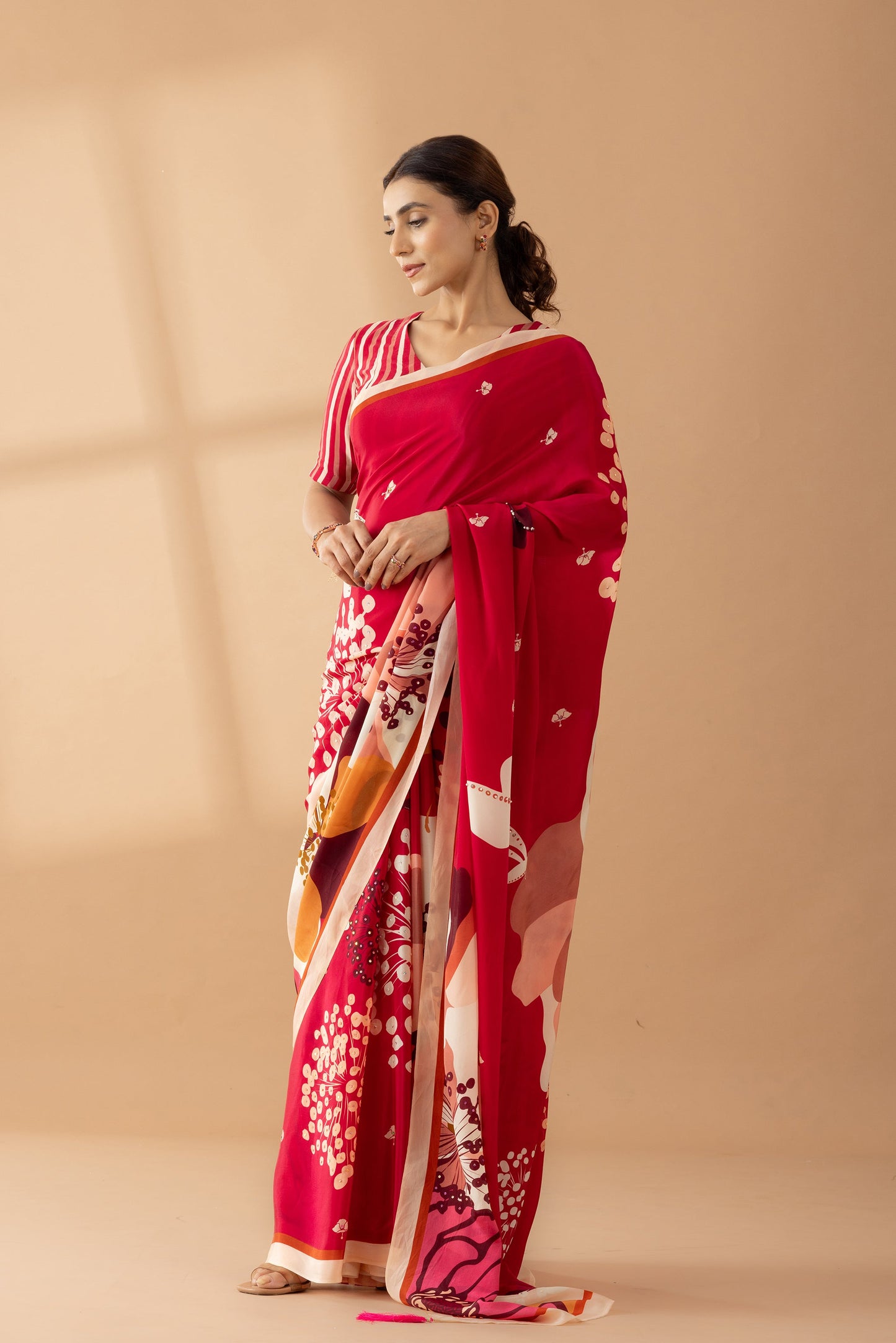 Crimson Red Floral Printed & Embroidered Crepe Party Wear Saree