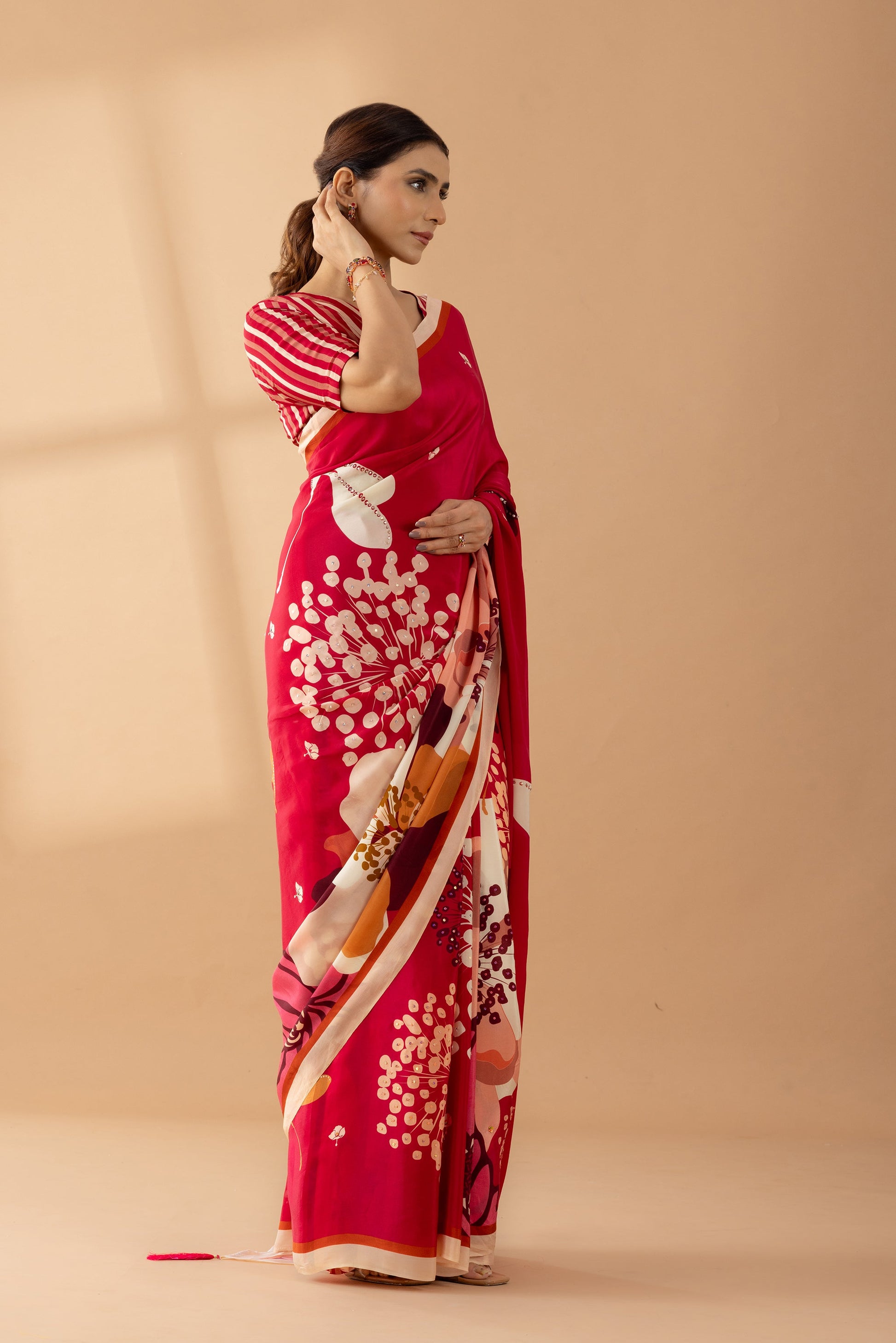 Crimson Red Floral Printed & Embroidered Crepe Party Wear Saree