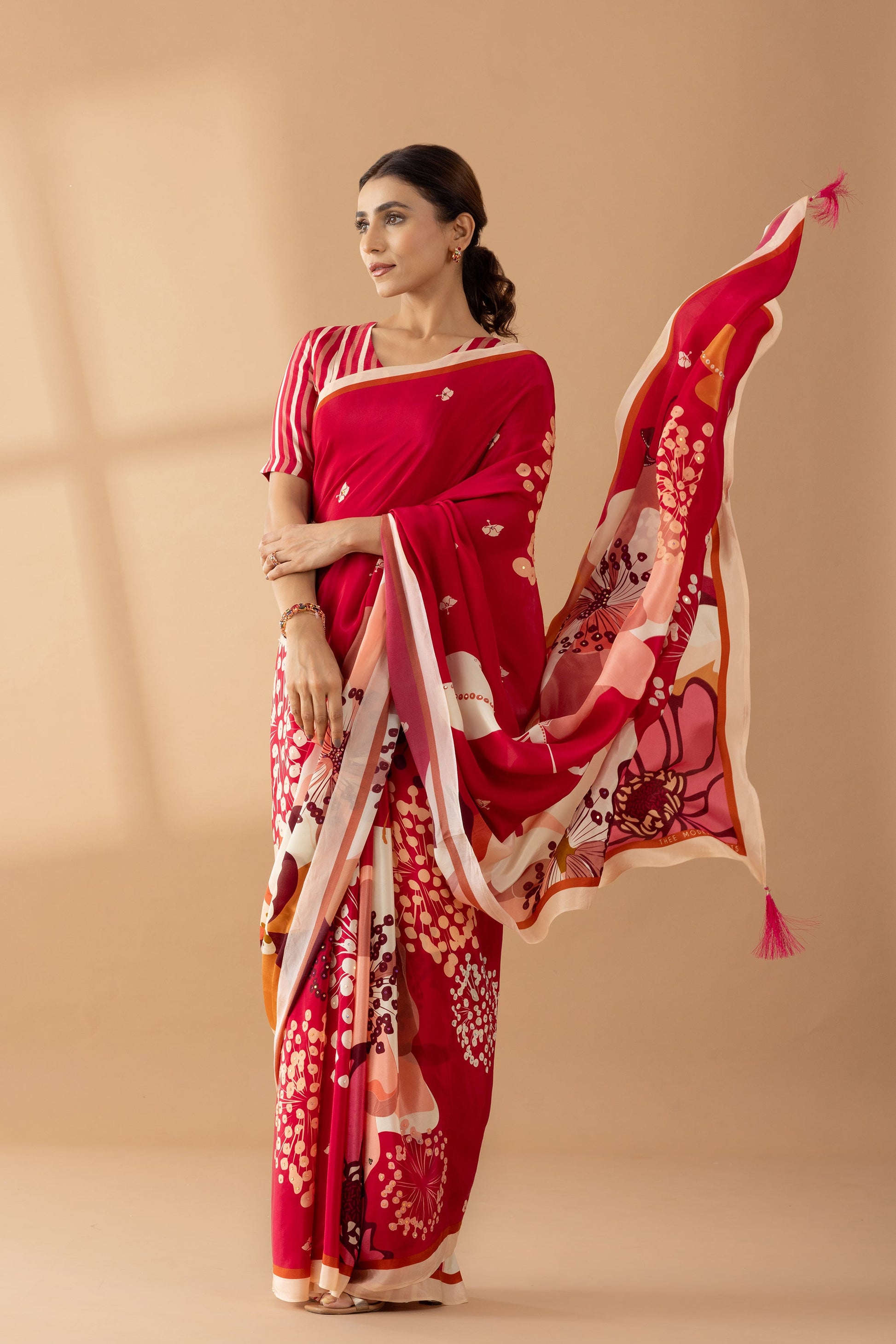 Crimson Red Floral Printed & Embroidered Crepe Party Wear Saree