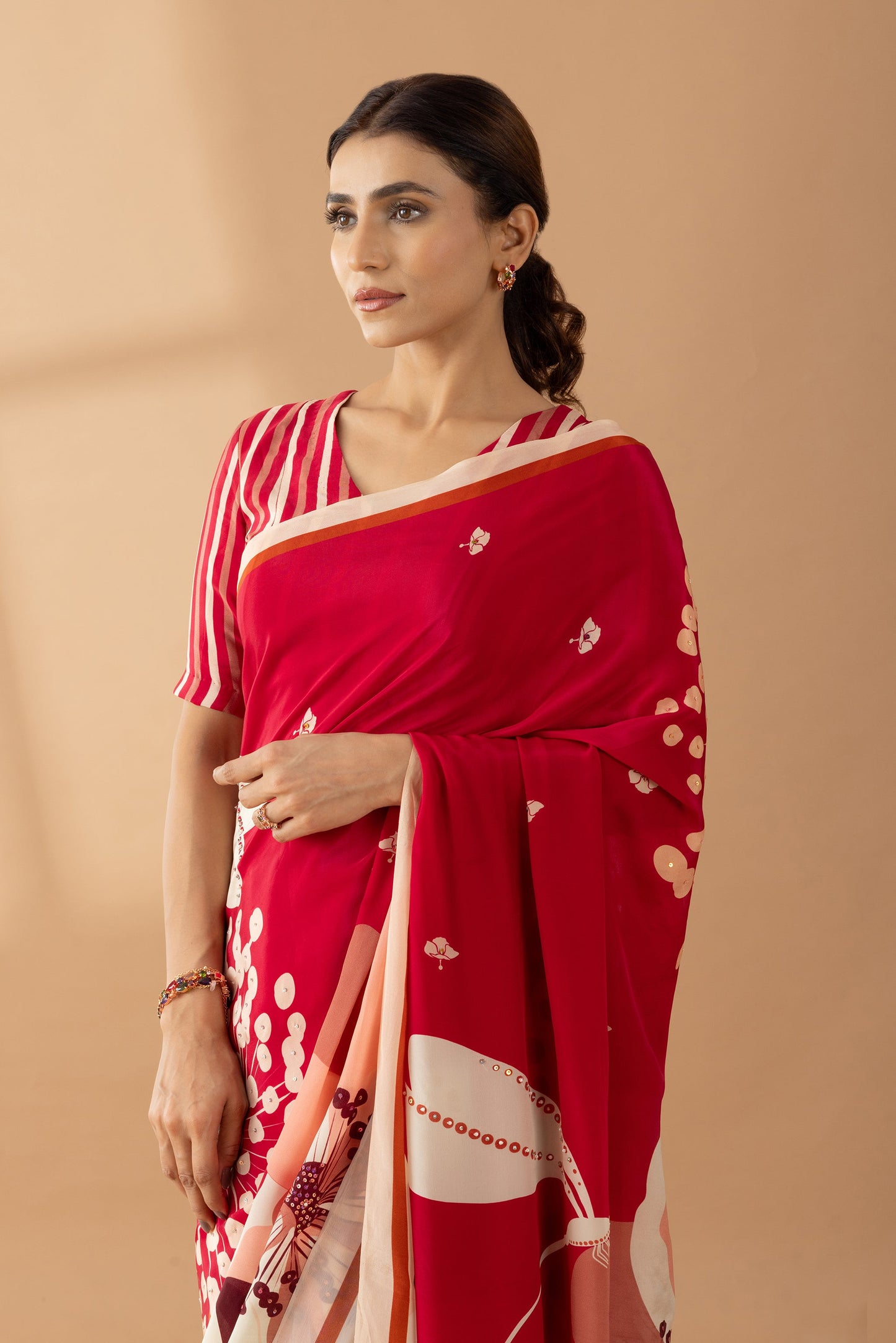 Crimson Red Floral Printed & Embroidered Crepe Party Wear Saree