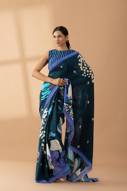 Midnight Blue Floral Printed & Embroidered Crepe Party Wear Saree