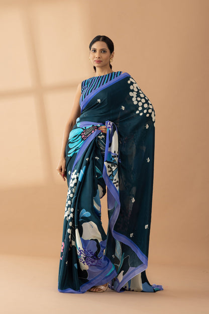 Midnight Blue Floral Printed & Embroidered Crepe Party Wear Saree