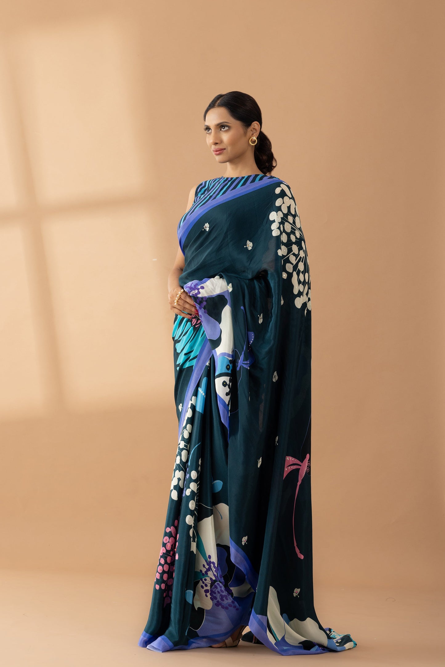 Midnight Blue Floral Printed & Embroidered Crepe Party Wear Saree