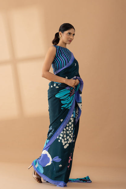 Midnight Blue Floral Printed & Embroidered Crepe Party Wear Saree