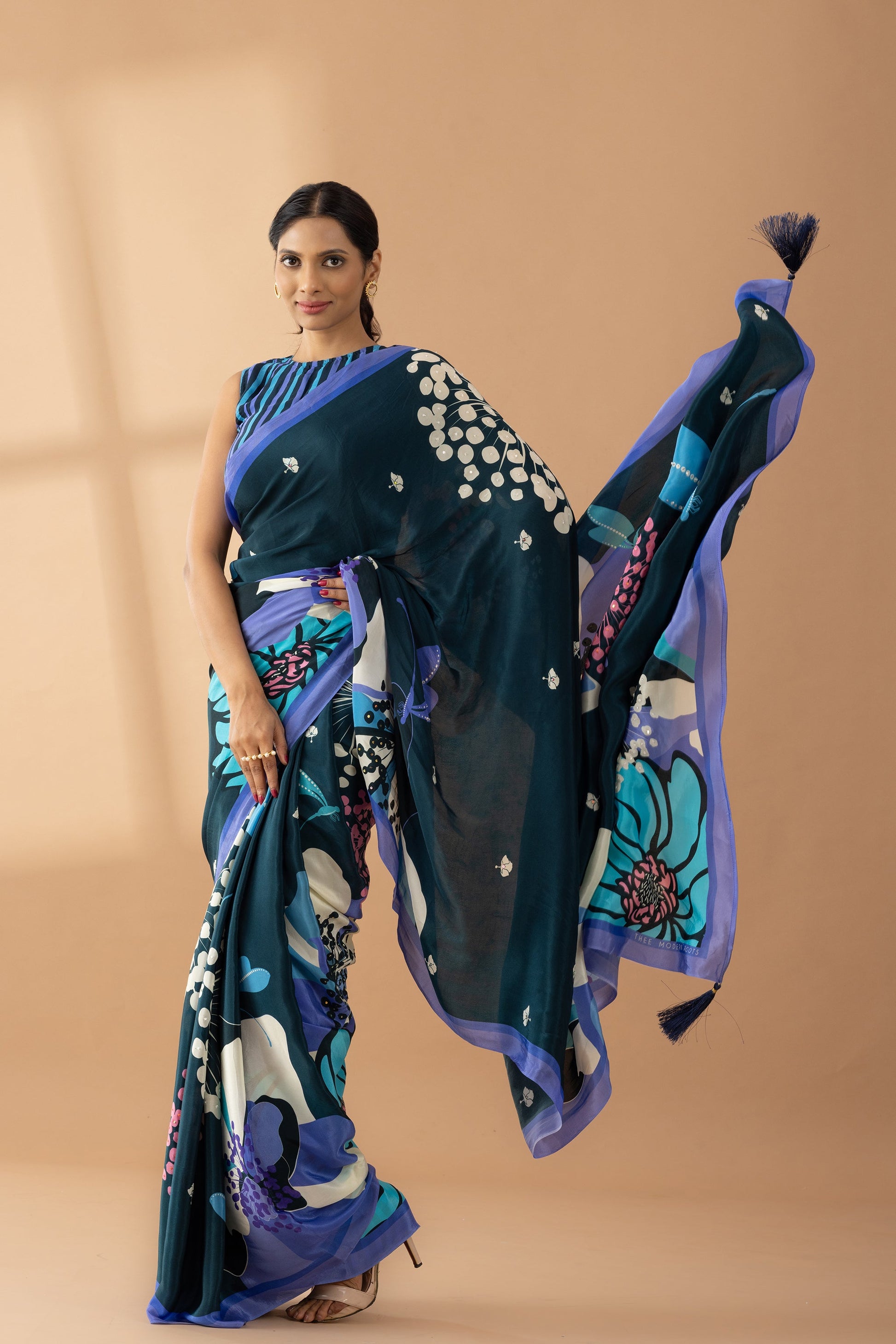 Midnight Blue Floral Printed & Embroidered Crepe Party Wear Saree