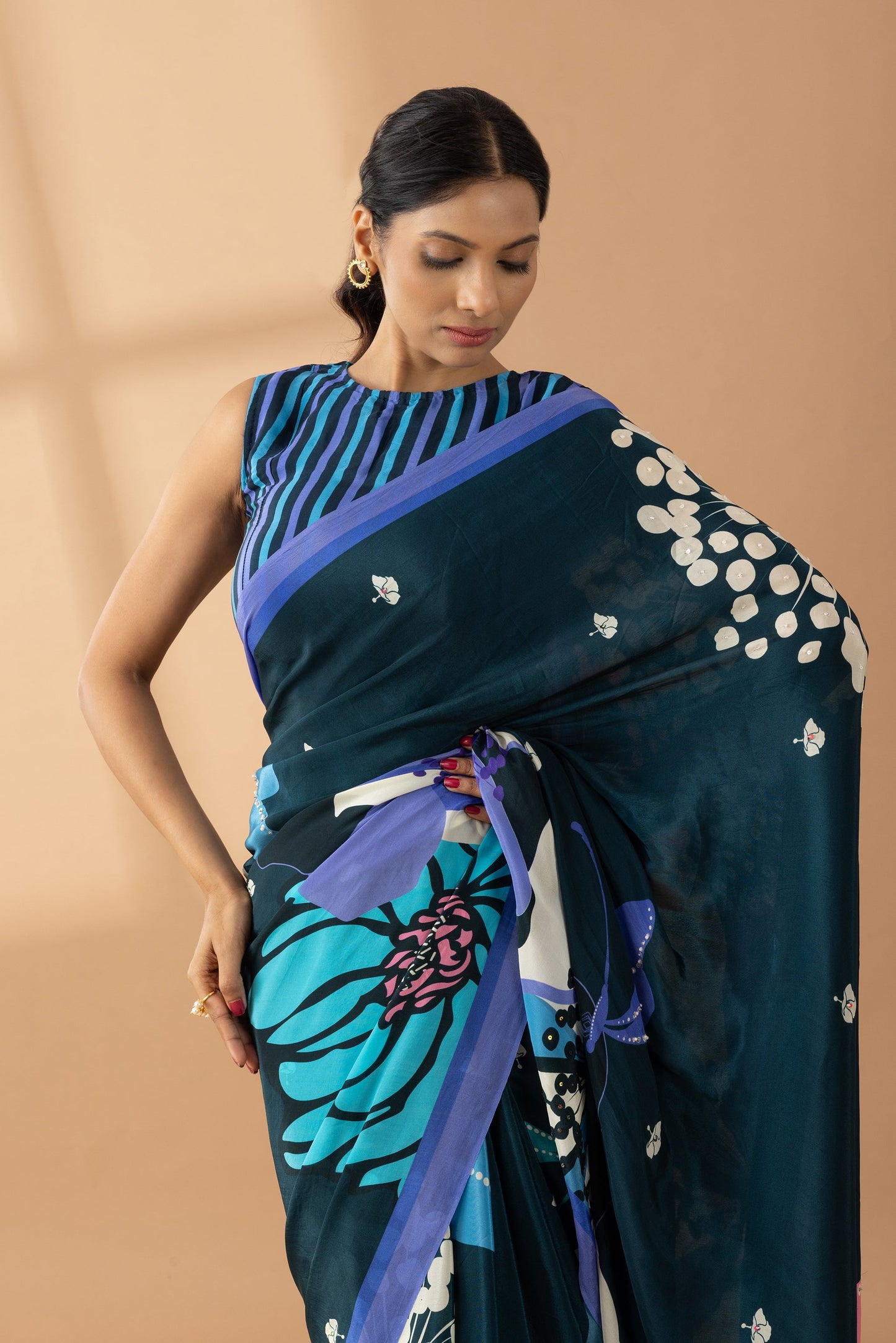 Midnight Blue Floral Printed & Embroidered Crepe Party Wear Saree