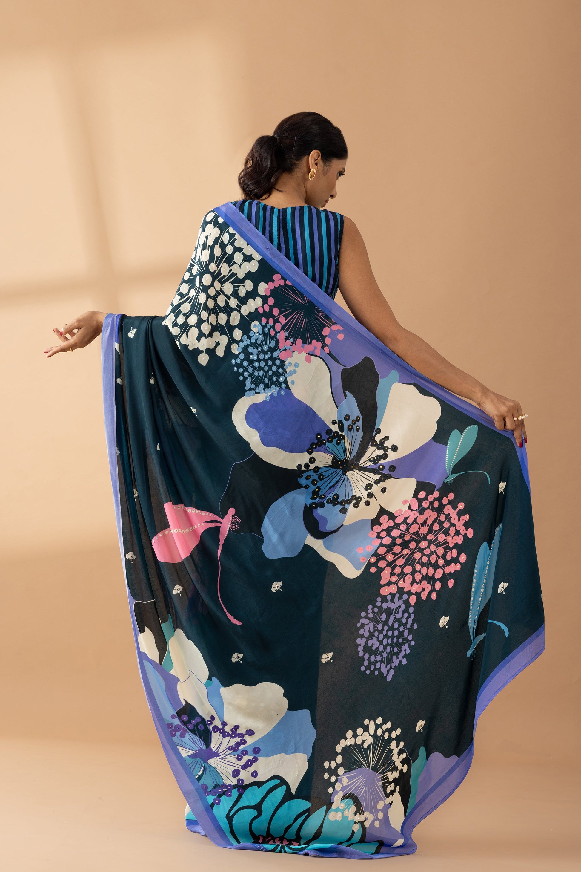 Midnight Blue Floral Printed & Embroidered Crepe Party Wear Saree