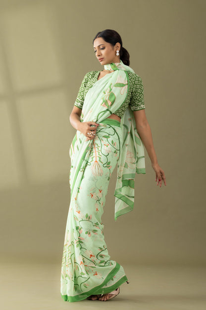 Timeless Garden Pastel Green Printed & Embroidered Georgette Saree