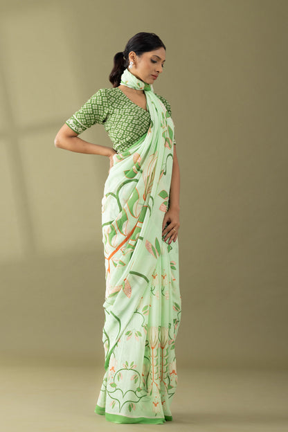 Timeless Garden Pastel Green Printed & Embroidered Georgette Saree