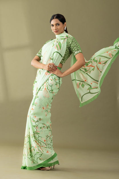 Timeless Garden Pastel Green Printed & Embroidered Georgette Saree