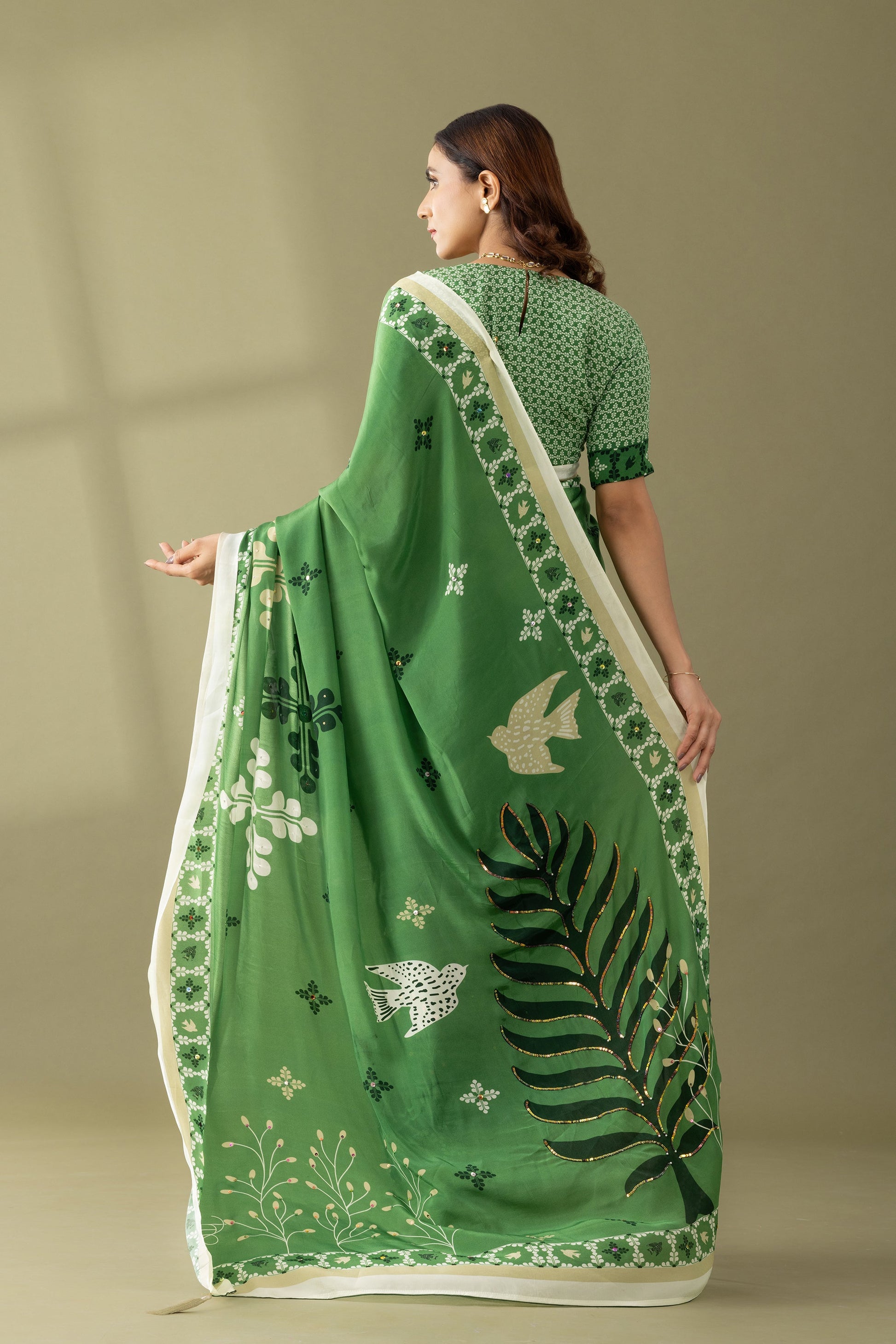 Basil Green Printed & Embroidered Crepe Designer Saree